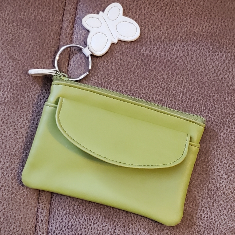 Lime green vinyl coin purse with white trim and butterfly charm - Picture 6 of 6